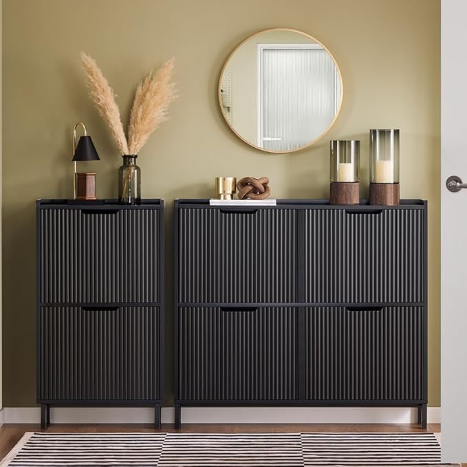 SoBuy Fluted Shoe Cabinet 4 Drawers, Narrow Shoe Storage Organizer for Entryway Black, Thin Free Standing Shoe Rack Porch Front Door, FSR177-L-SCH