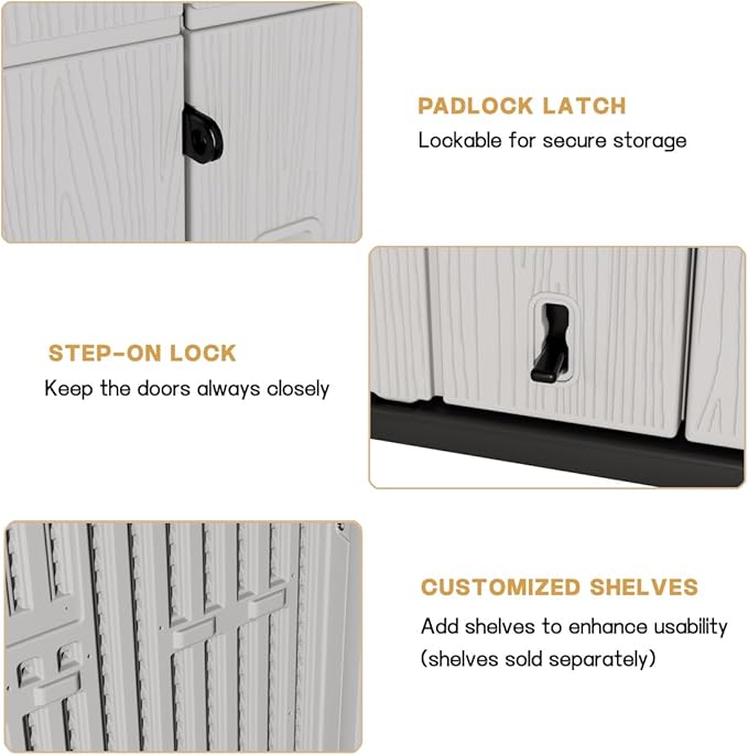 KINYING Outdoor Vertical Storage Shed,57 Cu.ft Outdoor Storage Cabinet Waterproof,Resin Sheds & Outdoor Storage for Garden,Patio,Backyard,Lockable (Grey Color)