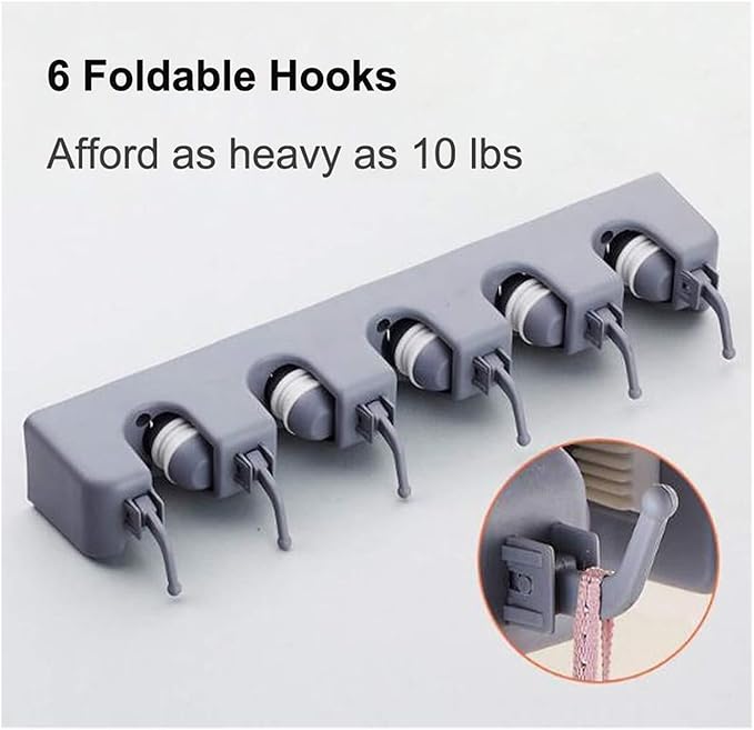 16 Inch Broom Holder Wall Mount with 6 Hooks, ABS Plastic Mop and Tool Organizer Rack for Garage Kitchen Laundry Room