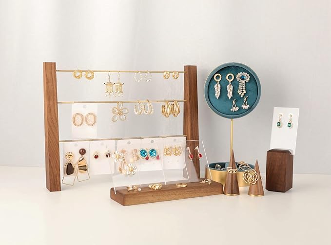 GemeShou 3 Tiers Walnut Earring display stands for selling, Wooden Jewelry Shelf, Earring Storage Organizer, Brass earring holders with 42 holes for stud Dangle Hoop【Walnut 3-Tier Height 9.45"】