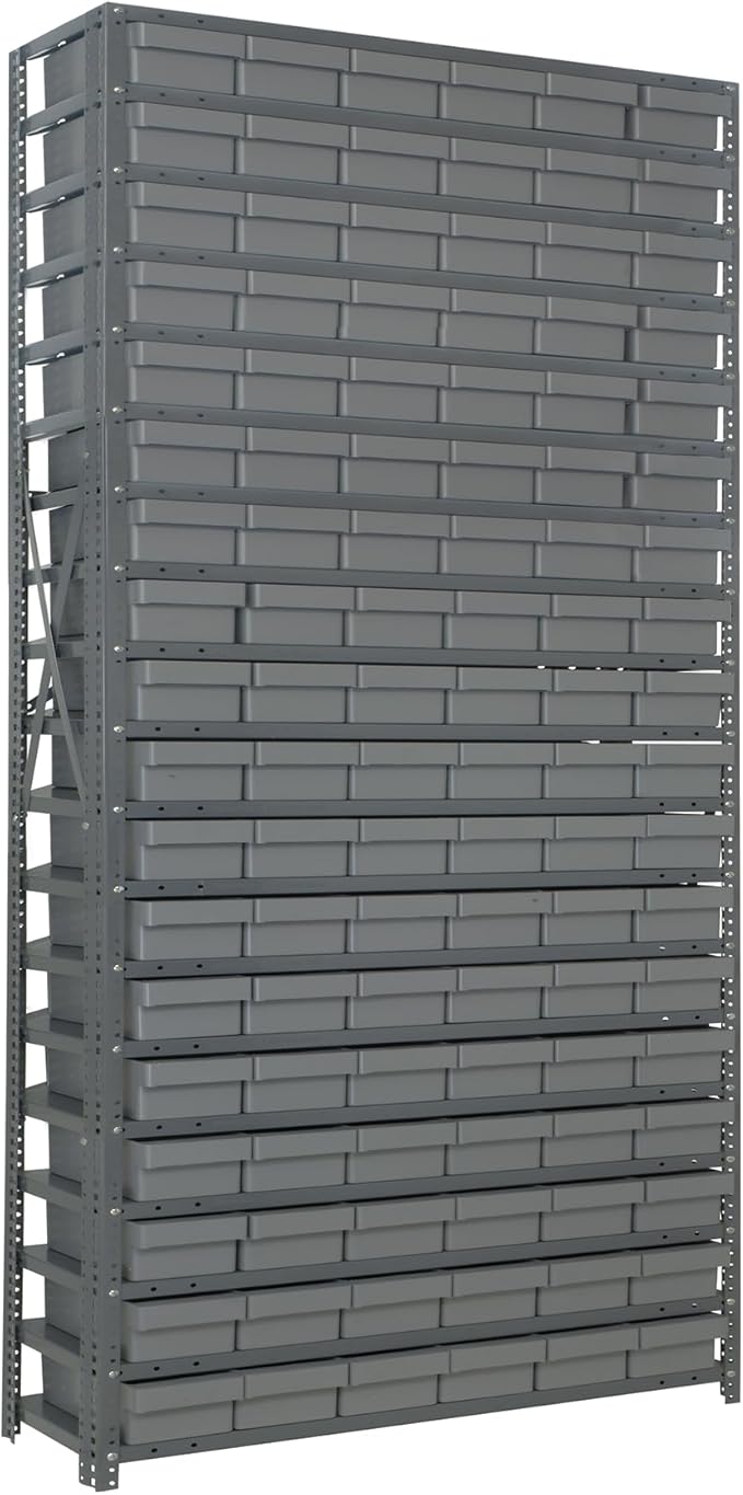 Quantum 1275-401GY Heavy Duty Shelving Unit with (19) Shelves and (27) QED401 Gray Bins for Garage Warehouse Storage Distribution | 400 lb Load Capacity | 12"D x 36"L x 75"H, Galvanized Carbon Steel