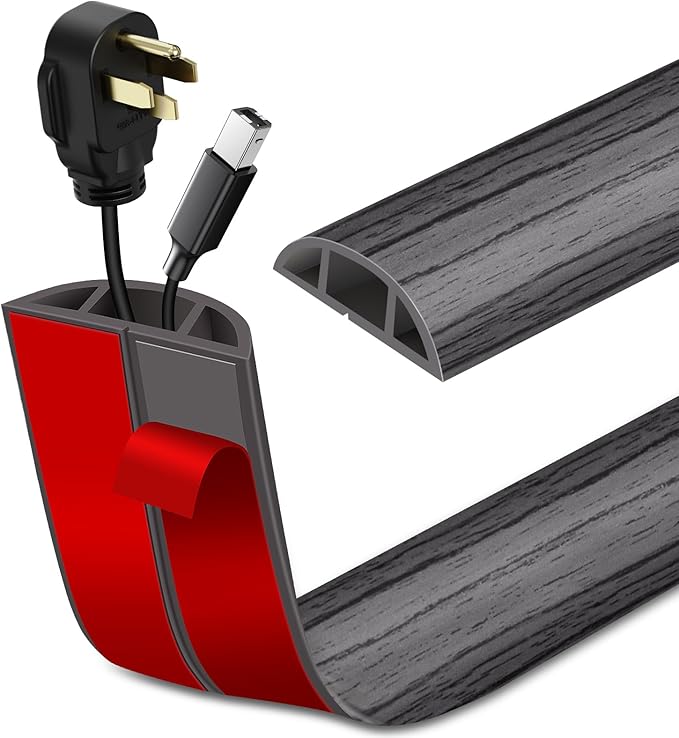 Floor Cord Cover Self Adhesive Cord Hider Floor Extension Cord Covers for Floor Power Cord Protector Cable Management Prevent Cable Trips Cable Cavity 0.51" W x 0.31" H (Deep Grey Wood, 10Ft)