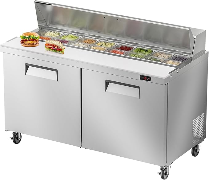 60" W Commercial Refrigerator Sandwich Salad Prep Table, Stainless Steel 2-Door Sandwich Prep Table Refrigerator, Counter Fan Cooling Refrigerator with 16 Pans for Restaurant, Bar