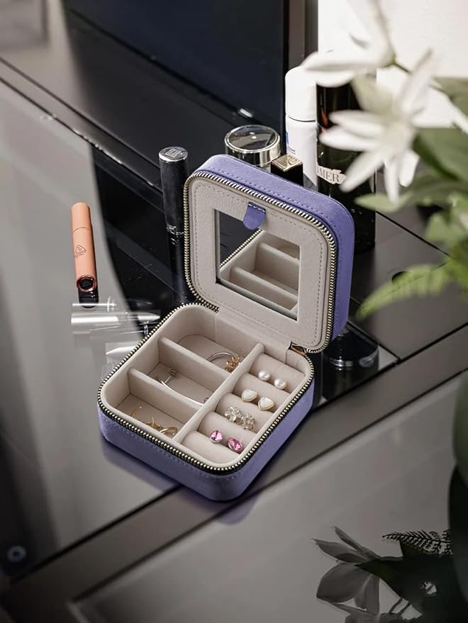 S.Leaf Travel Jewelry Organizer Boxes for Women Small Portable Necklace Earrings Bracelet Rings Travel Case Best Friend Birthday Gifts for Women Trendy (04_Suede_Touch_Dust_Lavender)