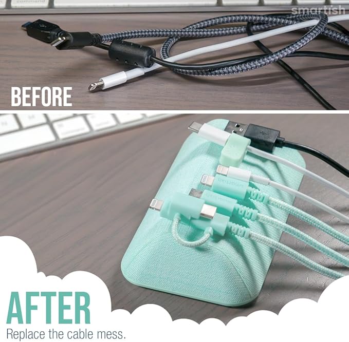 Smartish® Magnetic Cord Holder - Bigger Cable Wrangler Stocking Stuffer Organizer with Magnet Clips for Charger Management on Desktop, Nightstand - Holds 6+ Cables - Teal Me More