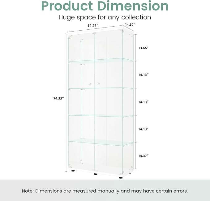 Beauty4U Glass Display Cabinet with 5 Shelves, Curio Cabinets for Living Room, Bedroom, Office, White Floor Standing Glass Bookshelf, Quick Installation