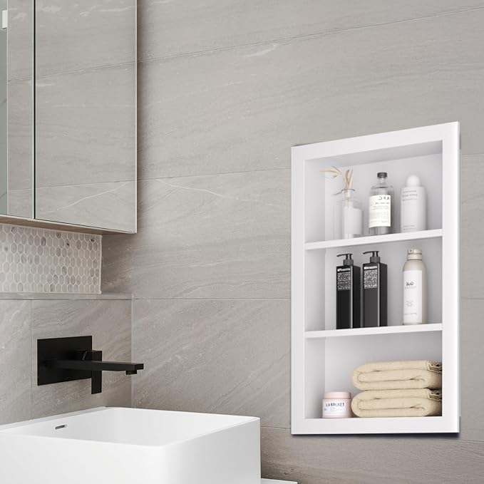14" x 24" Stainless Steel Shower Niche, 3-Tier Waterproof Shelves, No-Tile Needed Bathroom Organizer, Rustproof Wall Shelf for Shampoo, Soap & Toiletries, White
