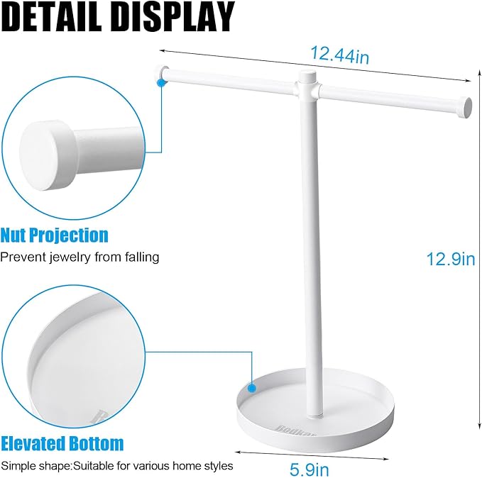 Jewelry Necklace Organizer Stand,12.9" Tall Sturdy Metal Jewelry Stand with Round Tray for Bracelet Bangles Holder Display,Long Necklace Organizer Holder (white)