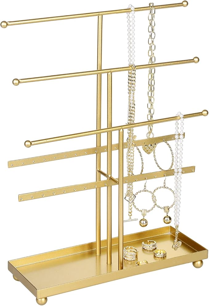 MyGift 5-Tier Gold Metal Jewelry Organizer Stand with Earring Hooks & Ring Tray - T-Bar for Tangle-Free Necklace Bracelet Display - Home Store Boutique (16.25" H)