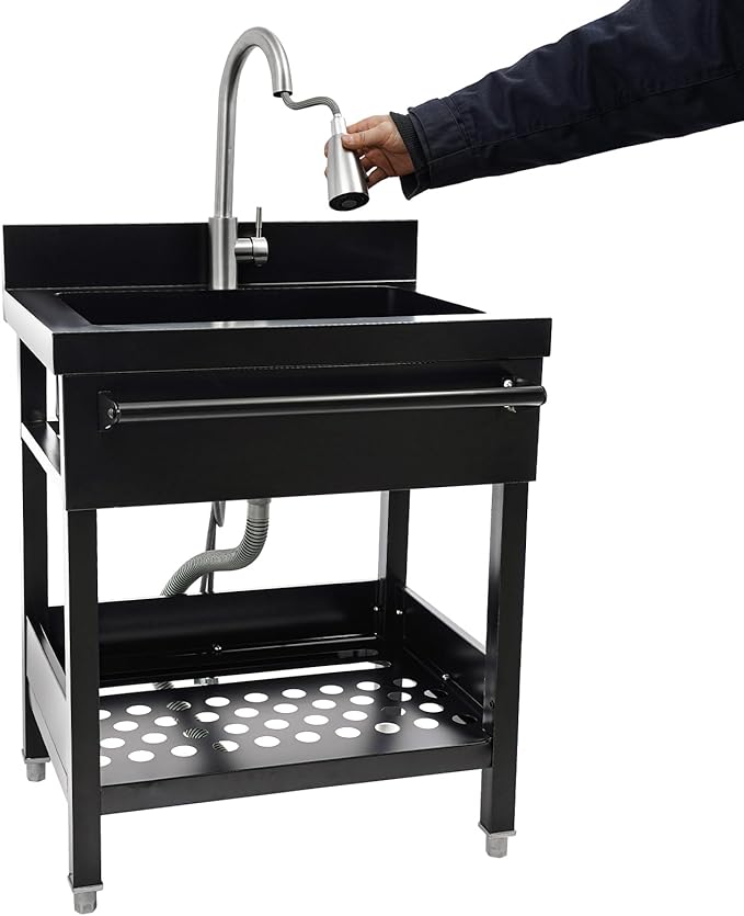 Stainless Steel Utility Sink, Free Standing Single Bowl Kitchen Sink with Pull-Out Cold/Hot Faucet, Storage Shelf & Splashback, Large Utility Sinks for Laundry, Garage 25.8 * 20.3 * 33.8in