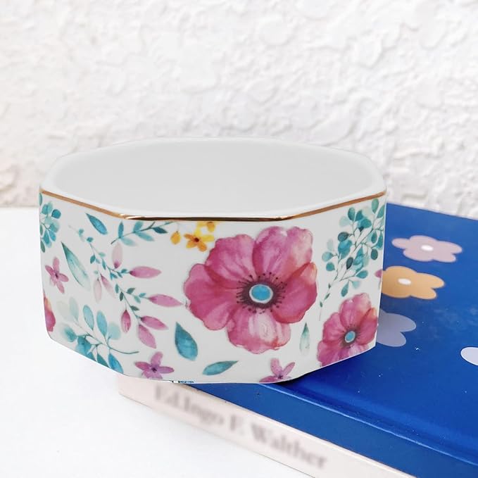 Ceramic Paper Clip Holder Gold Line Paper Clip Dispenser Organizer for Desk Cute Floral Pattern Office Binder Clip Holder Bobby Pin and Hair Clip Holder Gift for Office (Purple Red)