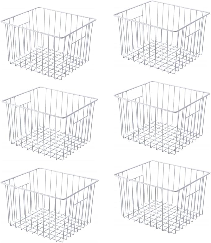 Freezer Basket Organizer, Refrigerator Metal Wire Storage Divider, Household Container Bins with Handles for Kitchen, Pantry, Cabinet, Closets - Pearl White (6, 11in x 10in x 5.5in)