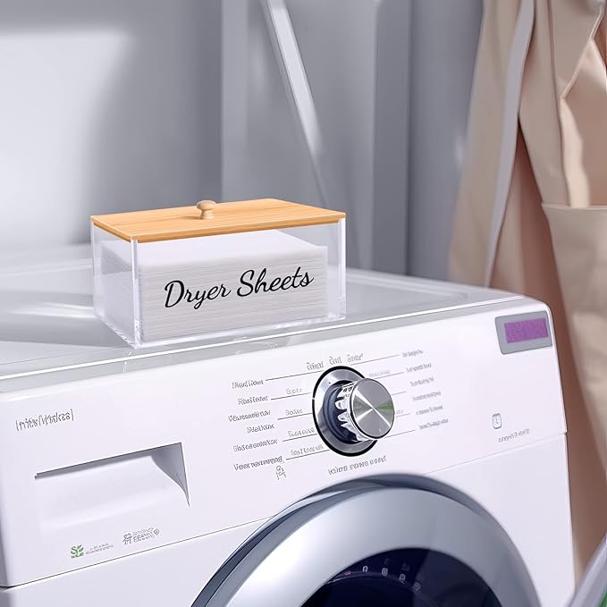 JYPS Clear Acrylic Dryer Sheet Holder with Bamboo Lid & Labels, Fabric Softener Dispenser for Laundry Room Organization Decor, Bathroom Storage Container Box, for Scent Booster,Powder,Pods