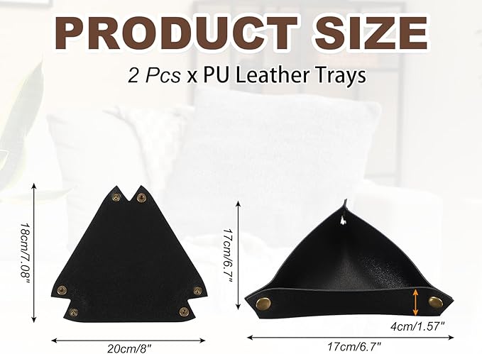 uxcell 2 Pcs Valet Tray for Women and Men, PU Leather Jewelry Tray Entryway Table Bedside Nightstand Catchall Storage Organizer for Jewelry Key Coin Watch Wallet (Triangle, Black)