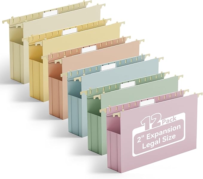 Ansook Extra Capacity Hanging File Folders Legal Size,12 Pack Pastel Colors File Cabniet Folder,Heavy Duty 2" Expansion Hang Folders,Plastic Hanging File Organizer for Office Home File Frame Box