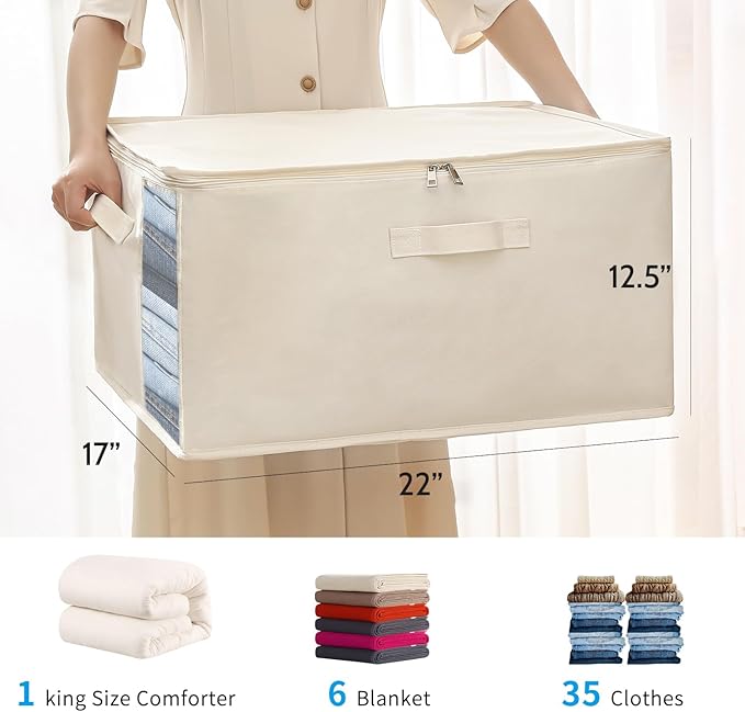 4 Pack Large Canvas Comforter Storage Bags Closet Organizer for Clothes Sweater Clothes Organizer with Dual Zipper Three Carrying Handles for Blanket Closet Storage Container