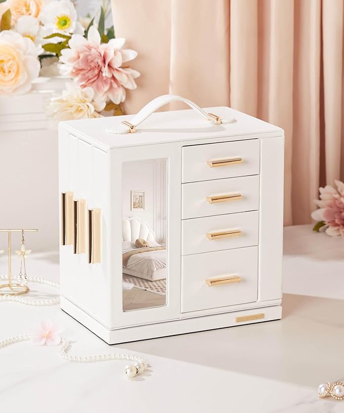 Homde Christmas Gifts Jewelry Box 360° Rotating, Necklace Earring Organizer with Transparent Window, Mirror, 7 Drawers, Large Ring Display Storage Case for Girls Women (White)