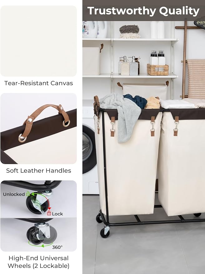 StorageWorks 390L Extra Large Lanudry Hamper with Wheels, Laundry Basket with Wheels 2 Sections, Clothes Sorter Cart with Divider for Hotel, Home, Beige, 1-Pack