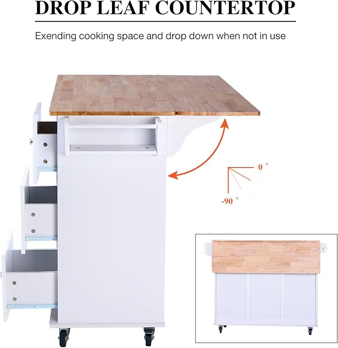 PHI VILLA Kitchen Island on Wheels Portable Kitchen Cart with Drop Leaf, Rolling Kitchen Island with Storage