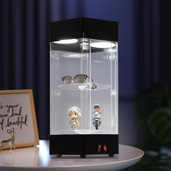 LED Electric Rotating Acrylic Display Case, Jewelry Display Case, Free Standing Electric Rotating Display Case with Lock and Keys for Cosmetics Jewelry Watch Sunglasses White/Balck (Black)
