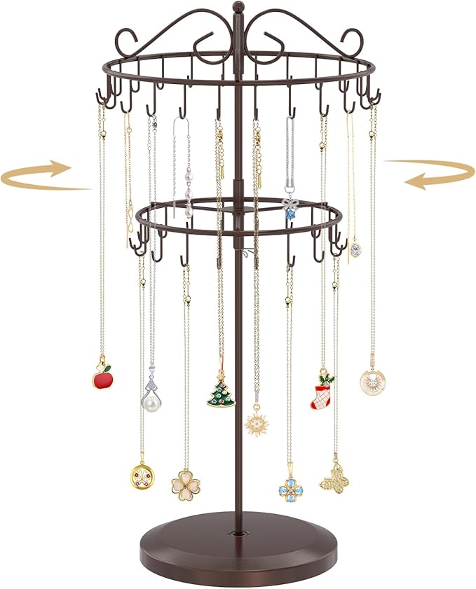 MODOWEY Rotating Necklace Holder Organizer Display Stand with 42 Hooks, 2 Tier Adjustable Metal Tree for Long Necklace Hanger Selling, Tall Spinning Bracelet Storage Rack for Men Women, Espresso Brown