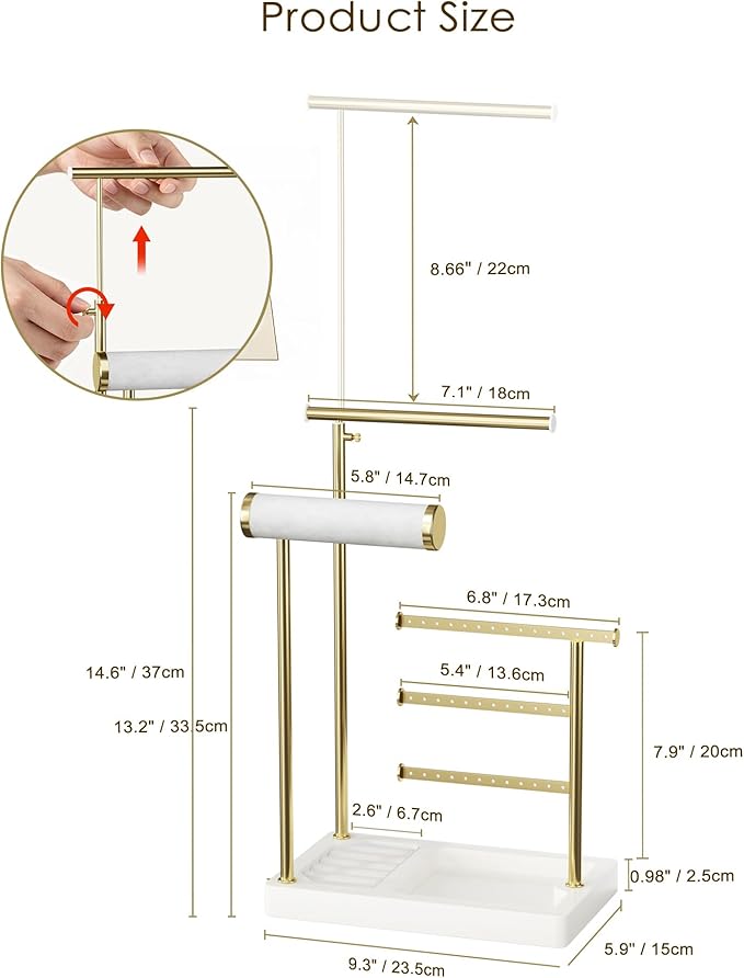 SZQINJI 5 Tier Jewelry Holder Organizer, Gold Jewelry Stand with Velvet Bracelet Holder, Adjustable Height Jewelry Display for Necklaces, Bracelets, Earrings, Rings, Gift Idea for Women, White