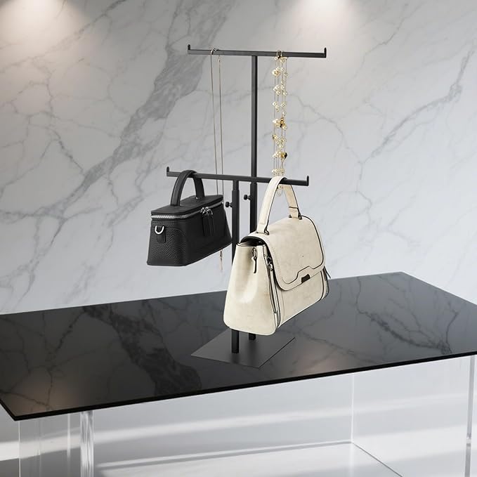 Purse Display Stand Jewelry Towers, Black Double T-Shaped Tabletop Stainless Steel Hook Hanging Adjustable Height Handbag Holder for Organizer Luxury Bags Necklaces Home Store Boutique Retail Closet