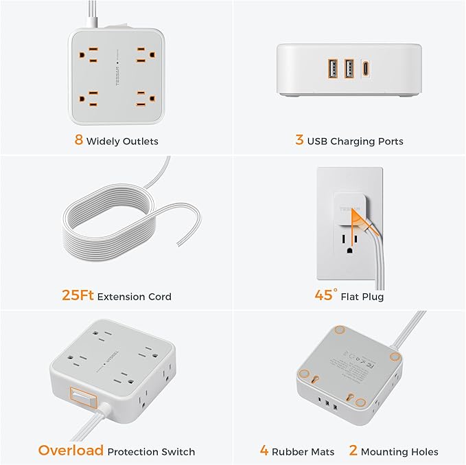 Flat Plug Long Extension Cord 25 Ft, TESSAN Power Strip Surge Protector with 8 Outlets 3 USB Ports (1 USB C), 900J Protection Desktop Charging Station for Home, Office, Dorm Room Essentials