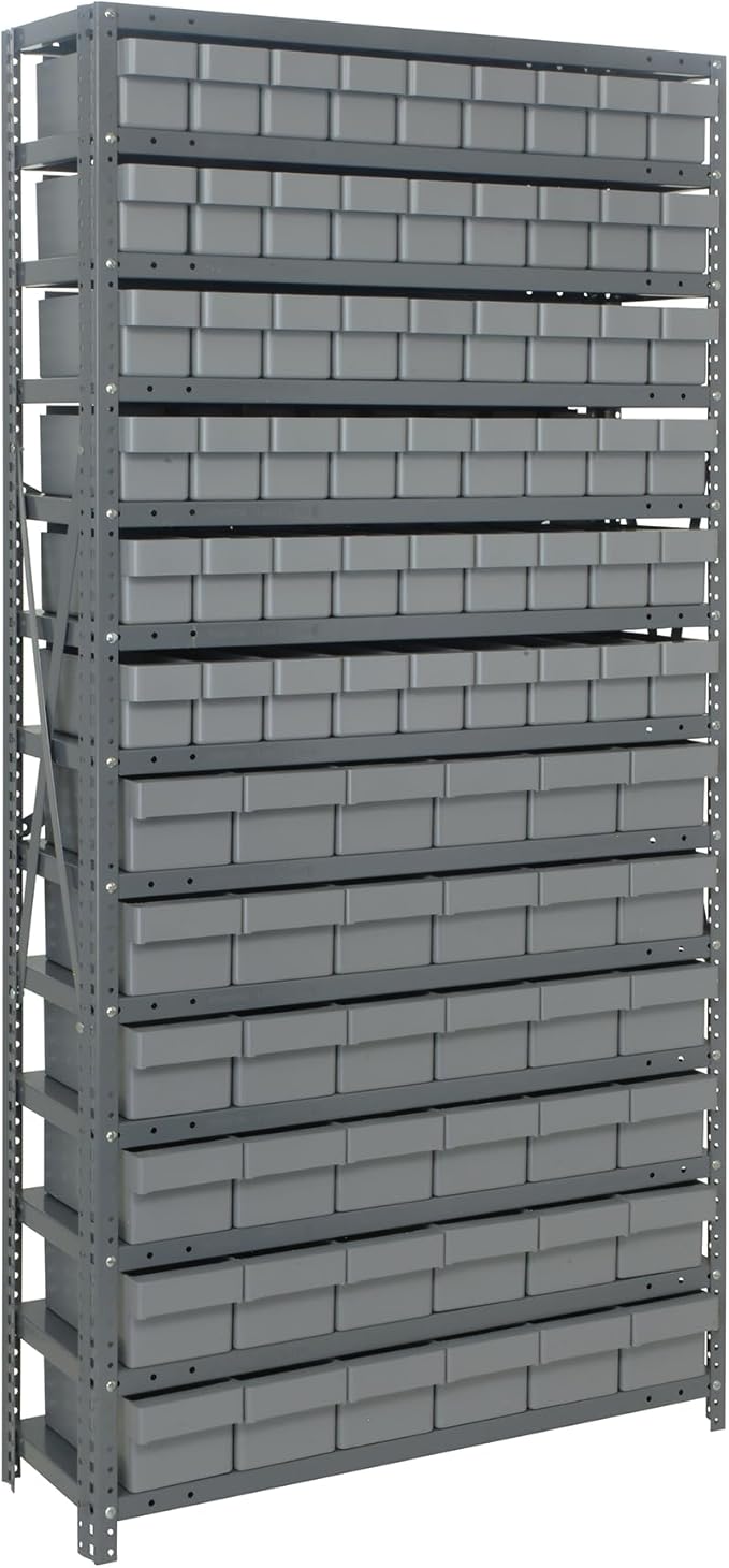 Quantum Storage Systems 1875-624GY Solid Heavy Duty 13 Shelves 90 Super Tuff Euro Gray Bins 75" H x 36" W x 18" D