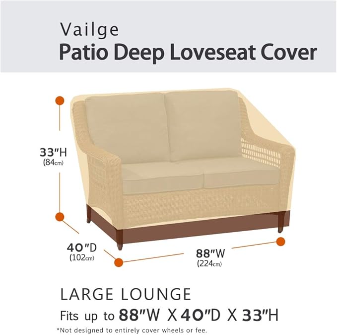 VAILGE Heavy Duty Deep Patio Sofa Cover,100% Waterproof Outdoor Sofa Cover, Large Lawn Patio Furniture Covers with Air Vent, Large (Deep), Beige & Brown
