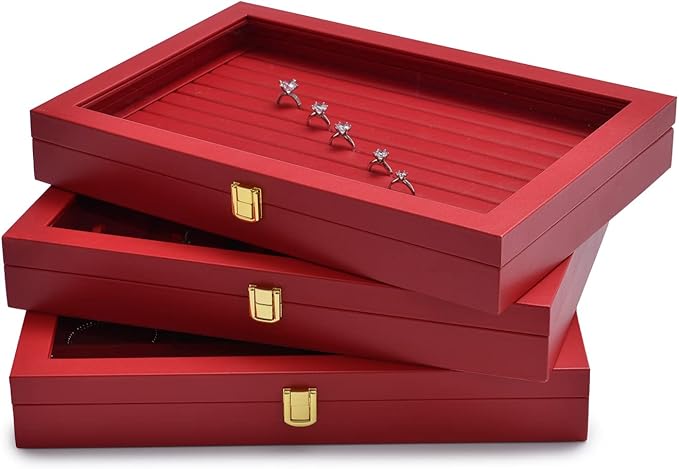 Oirlv Luxury Leather Rings Earrings Organizer Tray with Clear Lid Jewelry Display Box with Acrylic Lid Stackable Jewelry Box Drawer Inserts
