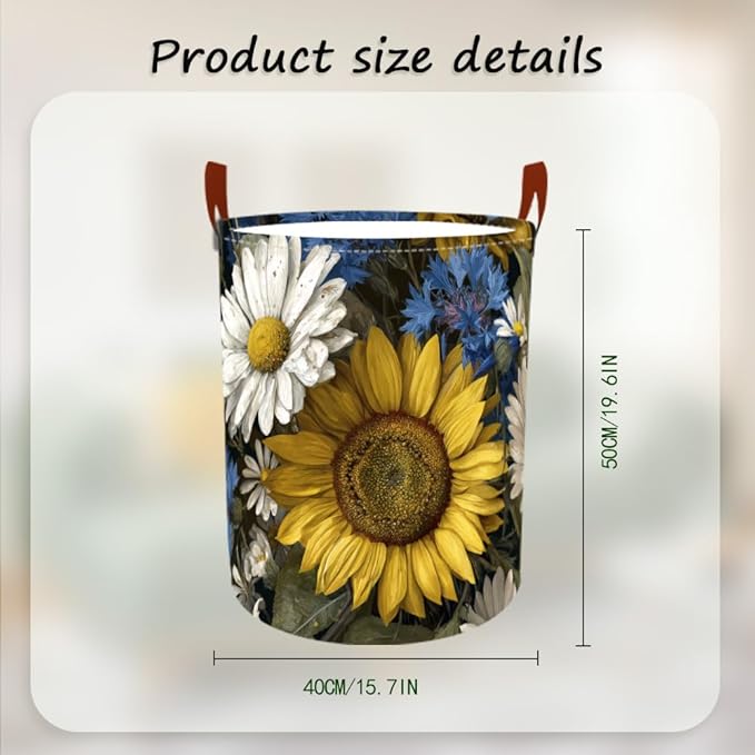 Laundry Baskets 15.7x19.7 Inch Large Vintage Sunflower Daisy Blue Wildflower Design Collapsible Laundry Hamper with Handles Oxford Fabric Clothes Storage Bin Foldable Dirty Clothes for Bedroom