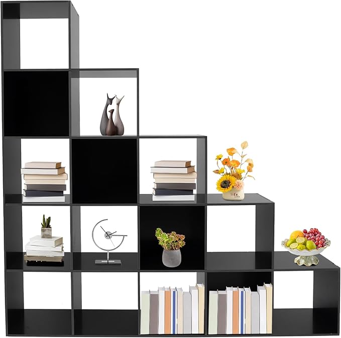 15 Cube Storage Organizer with 154 lbs Capacity, Bookcase for Study Room Bedroom Living Room, Black Ladder Cube Storage Unit for Books Toys Decor, L-Shaped Corner Bookcase Shelf