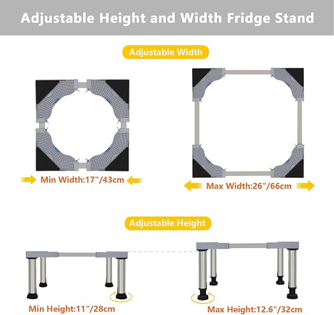 Mini Fridge Stand, Universal Adjustable Washing Machine Stand with 4 Stainless Steel Feet (11"-12.6" Height), Multi-Functional Refrigerator Stand Base Suitable for Washer, Refrigerators, Dryer, 1Pack