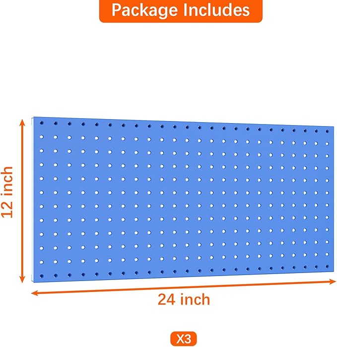 TORACK 3 PCS Metal Pegboard Panels(12x24 inch) for Wall Garage Utility Tools Storage Pegboard for Workbench, Modular Peg Board Tool Organizer Board Kit(Pack of 3, Blue)