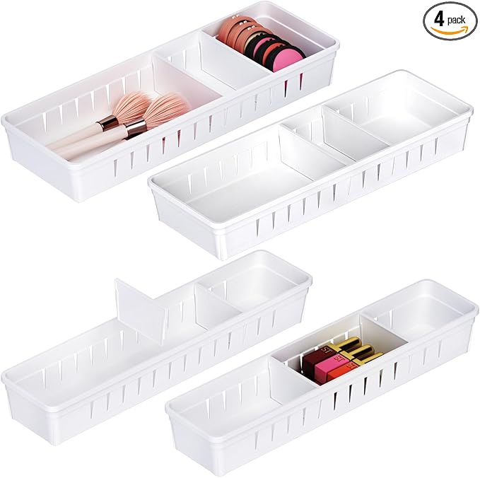 Desk Drawer Organizer Tray 4 PCS Plastic Office Drawer Organizer Bins Junk Organizer Divider with Non-Slip Silicone Pads, Makeup Vanity Organizer for Drawer, White