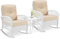 VIVIJASON 3-Piece Outdoor Conversation Bistro Set, Patio Wicker Rocking Chairs Rattan Furniture Sets w/ 2 Rattan Chairs, Cushions, Glass Top Side Table for Garden Porch Backyard (White Wicker/Beige)