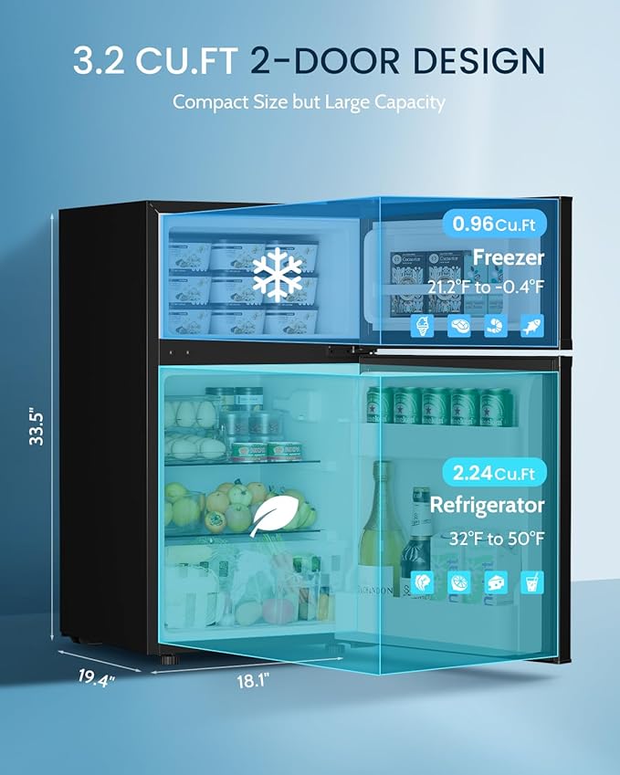 3.2 Cu.Ft Mini Fridge with Freezer - 2 Door Small Refrigerator, Mini Refrigerator with Adjustable Thermostat, Removable Shelves, Mini Fridge for Bedroom, Office, Dorm, Apartment, Silver