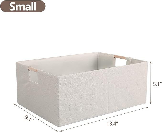 Fabric Storage Bin 3 Pack Foldable Cotton Linen Storage Basket with Wooden Handles Rectangular Cube Box - Beige, Small