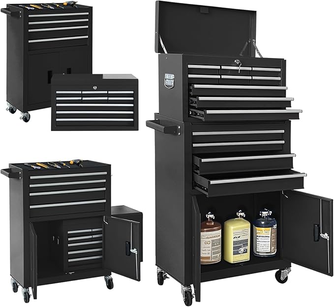 13-Drawer Double Doors Handle Rolling Tool Chest, 2 in 1 Detachable Rolling Tool Chests, Large Tool Boxes with Lock, Metal Standing Tool Cabinet for Garage Workshop(Black)
