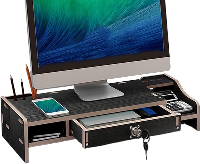 Monitor Stand Riser - Desktop Organizer with Practical Drawer, Wood Riser for Laptop Printer PC, Multi-Functional Shelf with Sturdy Build, Desk Accessory for Home Dorm Apartment, 19.21 Inch