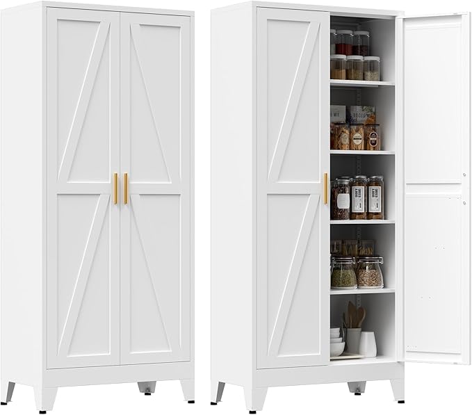 71" Tall Metal Pantry Cabinet, Kitchen Storage Cabinet with 2 Doors and 4 Adjustable Shelves for Kitchen, Living Room, Dining Room, Bathroom and Home, Office (White, 71" H)