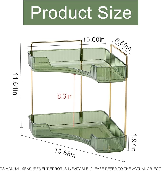 Corner Bathroom Countertop Organizer, Vanity Trays for Counter, Makeup Organizers, Perfume Tray, Kitchen Spice Rack, (Green, 2 Tiers)
