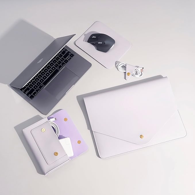 PU Leather Laptop Sleeve 13 Inch Compatible with 2024 13inch MacBook Air M3,13 MacBook Pro M2, Surface Pro 7, Dell XPS 13 with Small Pouch, Mouse Pad and Cord Holder Color Light Purple