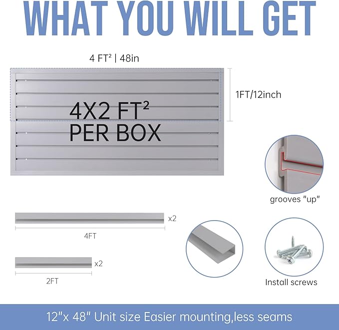 Slat Wall Paneling Garage Wall Organizer Slatwall Panels 4'x 2' Garage Slat Wall Storage Systems, Grey Slat Board PVC Wall Panels Slatwall Displays Garage Tool Organizer Wall Mount Ladder Bike Rack