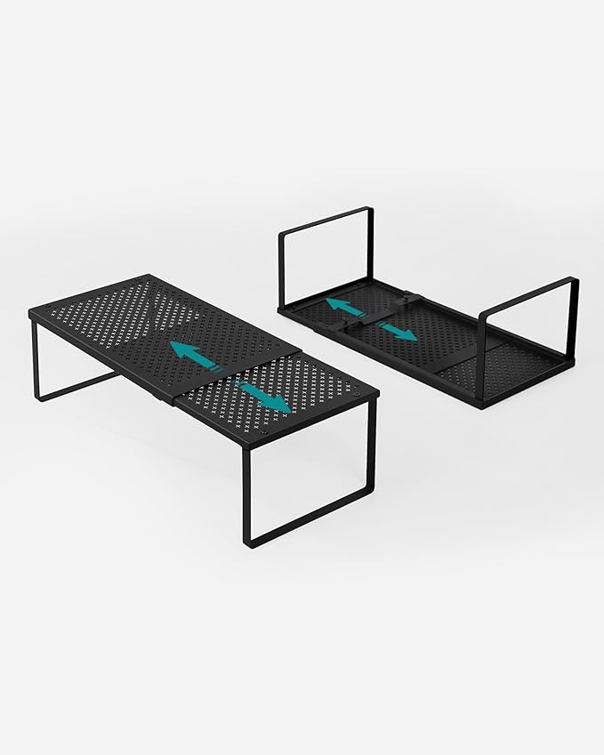SONGMICS Set of 2 Expandable Pantry Kitchen Organizers, Adjustable Spice Rack, Stackable Cabinet Organizers, Metal, Space-Saving Tabletop Shelves, Matte Black UKCS402B01