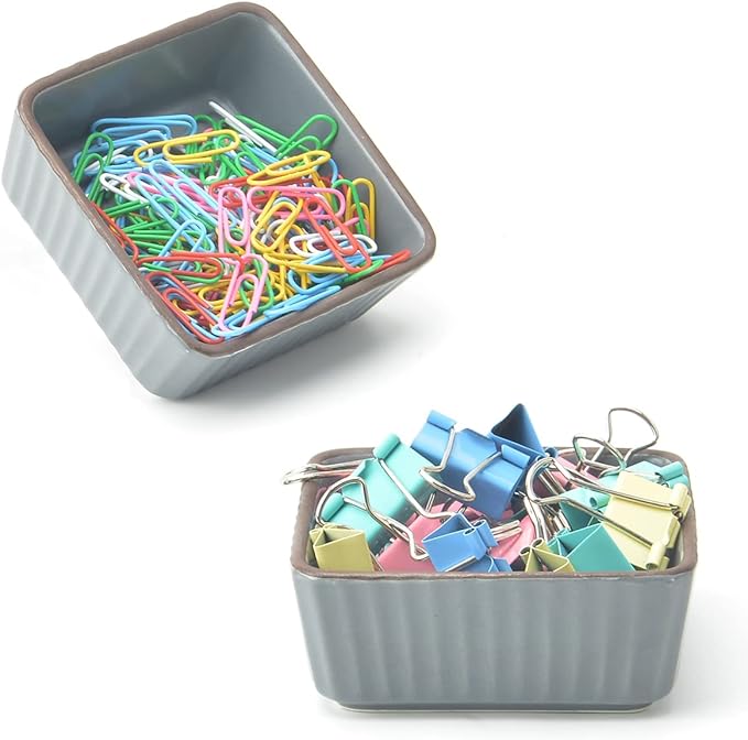 Ceramic Paper Clip Holder 2 PCS Set, Square Paper Clip Dispenser Organizer for Desk, Cute Office Binder Clip Holder Bobby Pin and Hair Clip Holder, Paper Clamp Holders Gift for Office, Dark Gray