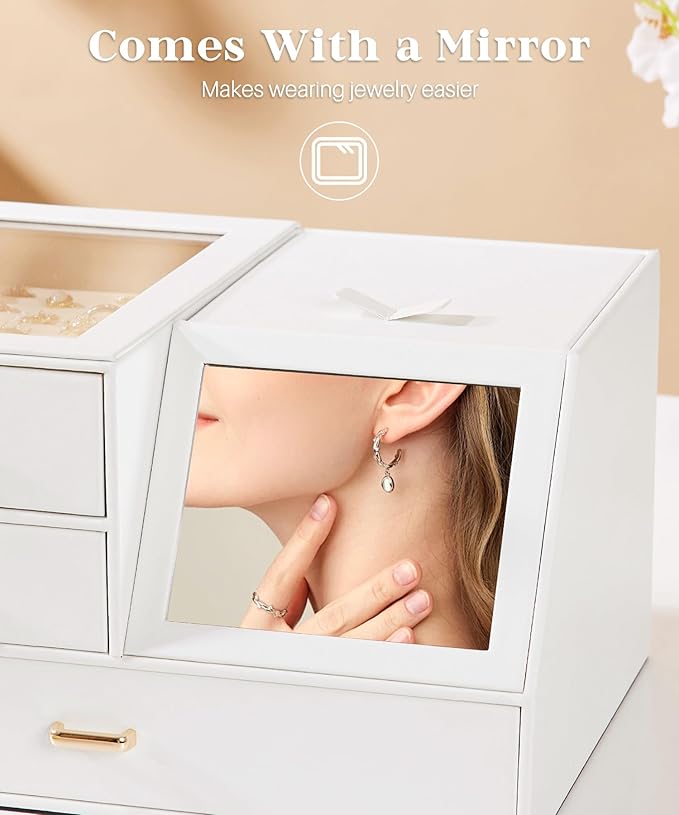 Homde Women Mirror Jewelry Box: Organizer Case with Clear Lid for Ring Necklace Earring - Christmas Gift for Young Women (White)