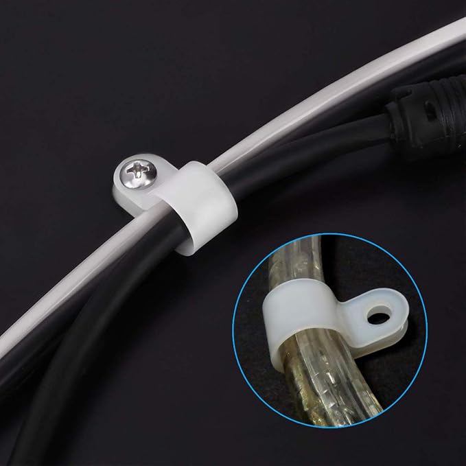 LOKMAN 100 Pack 3/8 Inch Rope Light P-Style Mounting Clips with Compatible Stainless Steel Pan Head Phillips Screws White