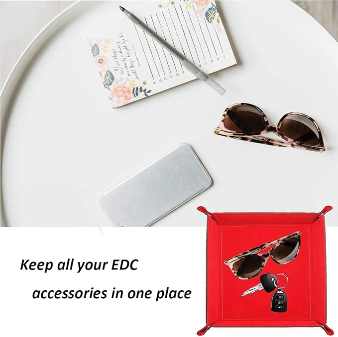 siduater Valet Tray Desktop Storage Organizer – Vegan Leather Catchall Tray Bedside Vanity Tray Nightstand Caddy Holder for Remote Controller, Watch, Keys, Phone, Wallet, Coin, Jewelry, Red